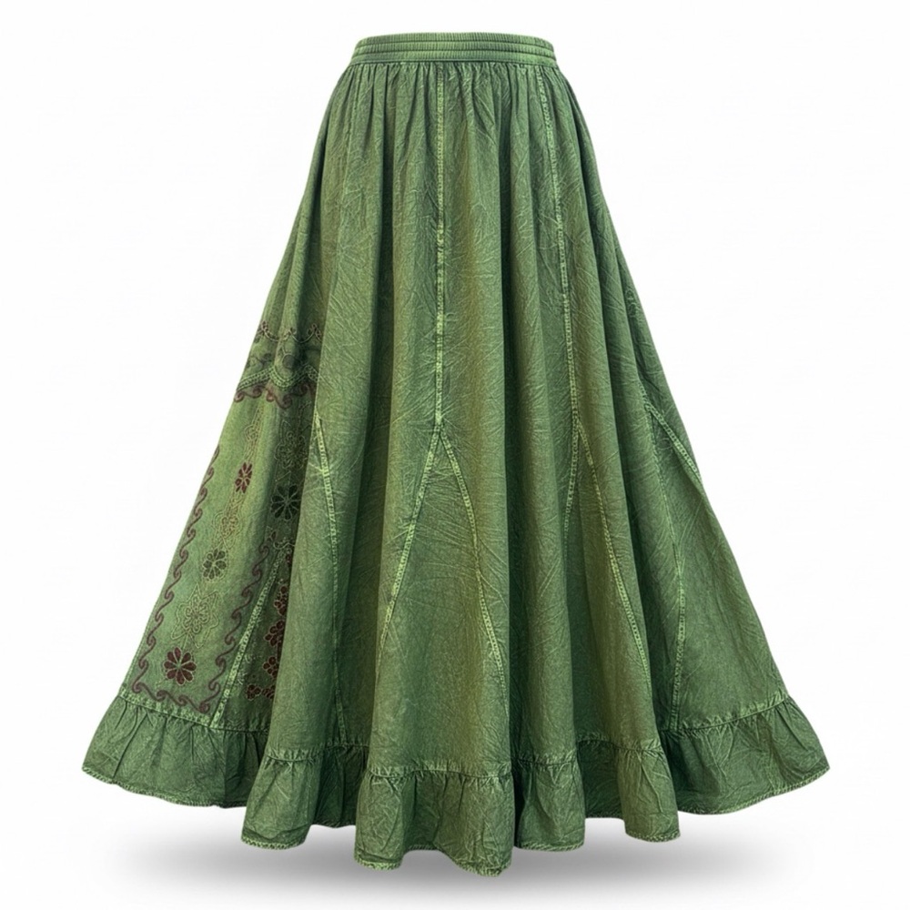 Chic Olive Maxi Skirt with Floral Accents - Picture 5 of 12